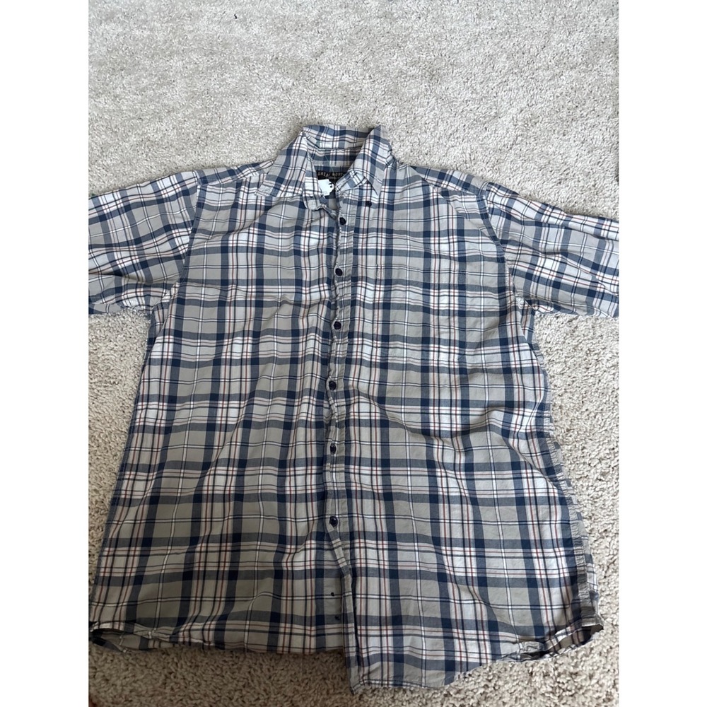 Plaid Button Down Shirt Short Sleeve Mens Blue Tan Cotton Great Northwest Medium